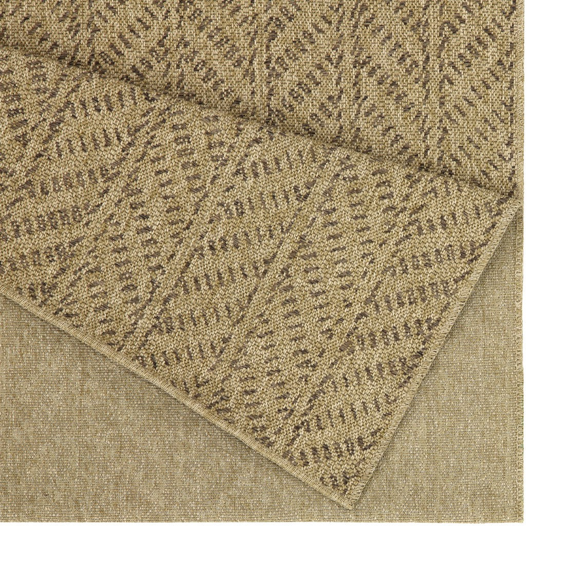Closeup of a textured beige rug with a subtle dark brown geometric pattern perfect for a living room