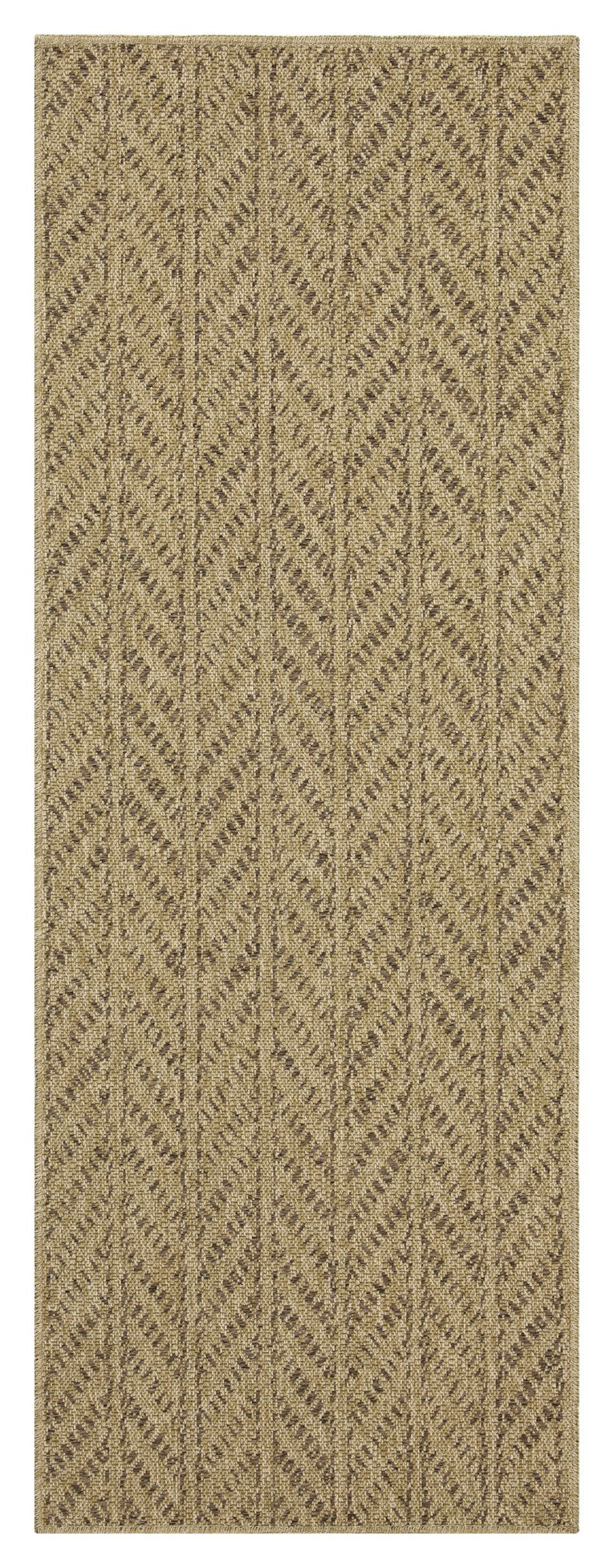 Textured natural fiber rug with a subtle herringbone pattern in beige and brown tones
