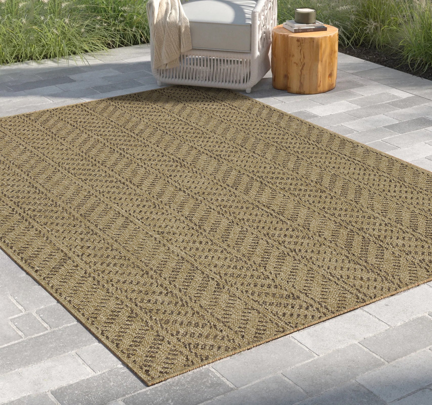 Textured tan outdoor rug with geometric pattern for patio use