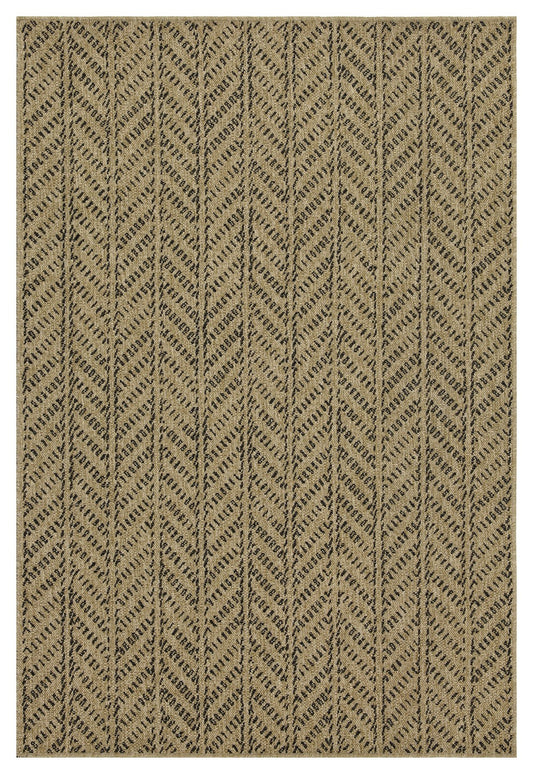 Closeup of a beige carpet with a textured black chevron pattern perfect for modern living rooms