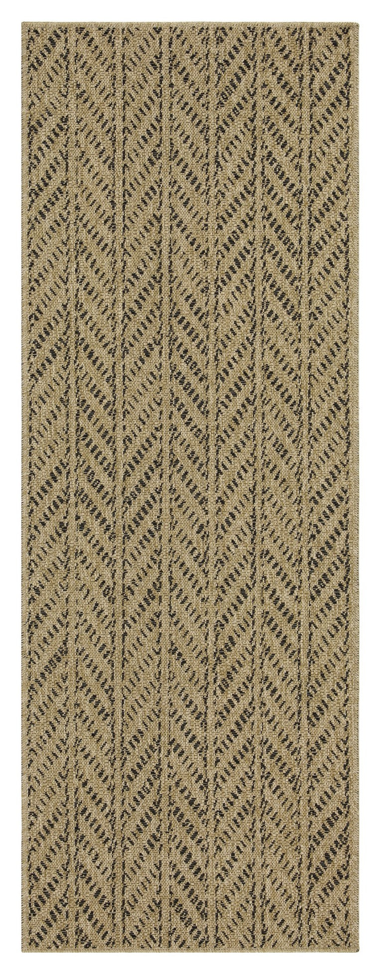 Textured natural fiber rug with a black geometric zigzag pattern perfect for entryways