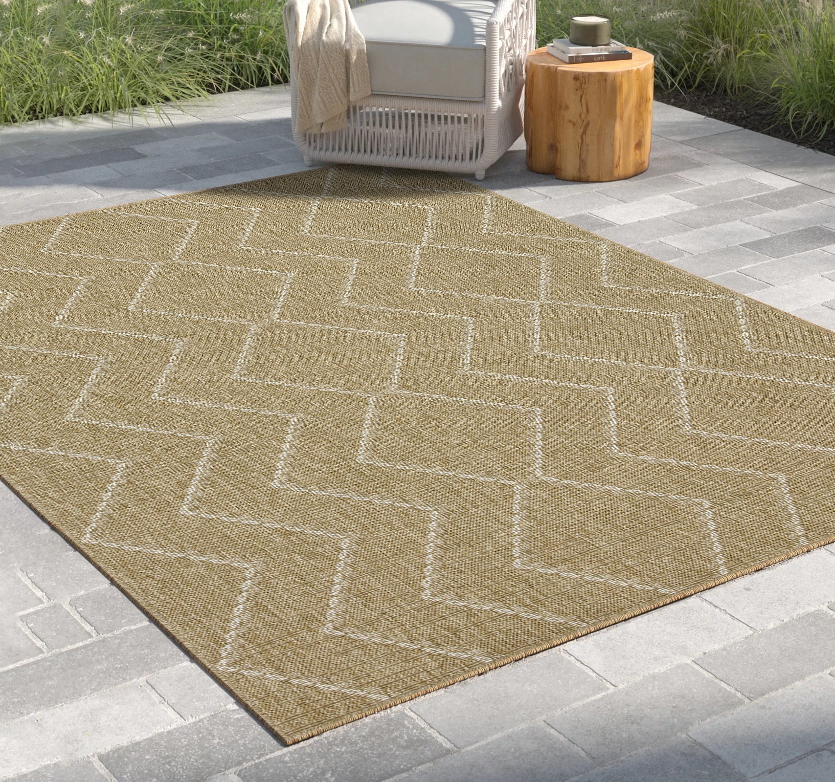 Brown woven outdoor rug with a geometric white diamond pattern