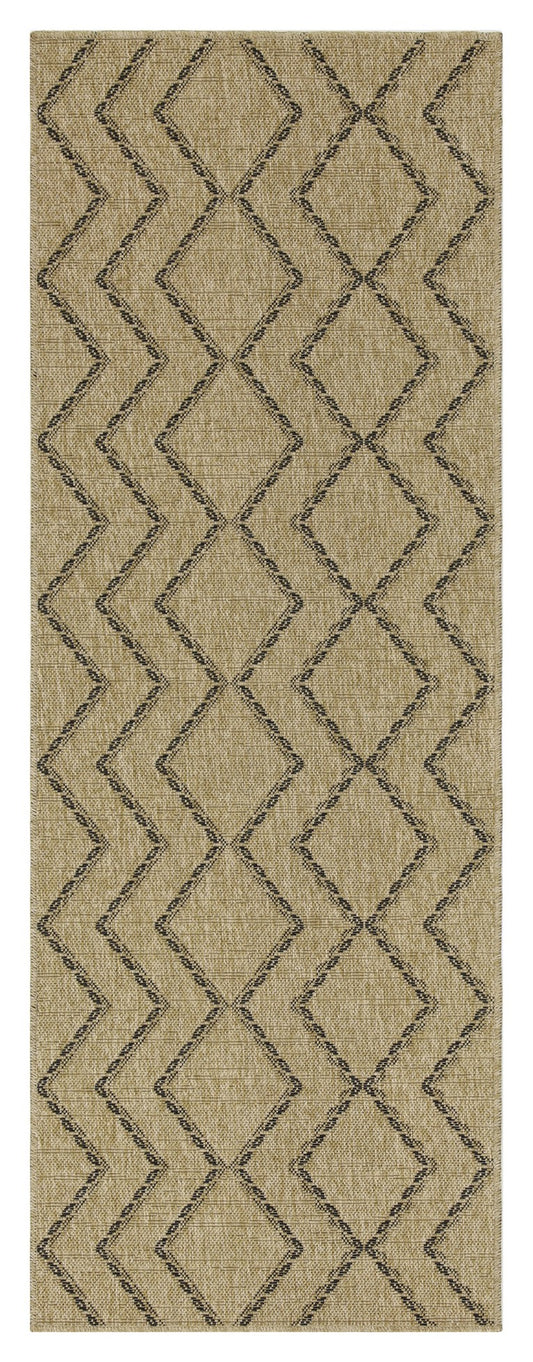 Tan diamond pattern rug with woven texture and black geometric accents
