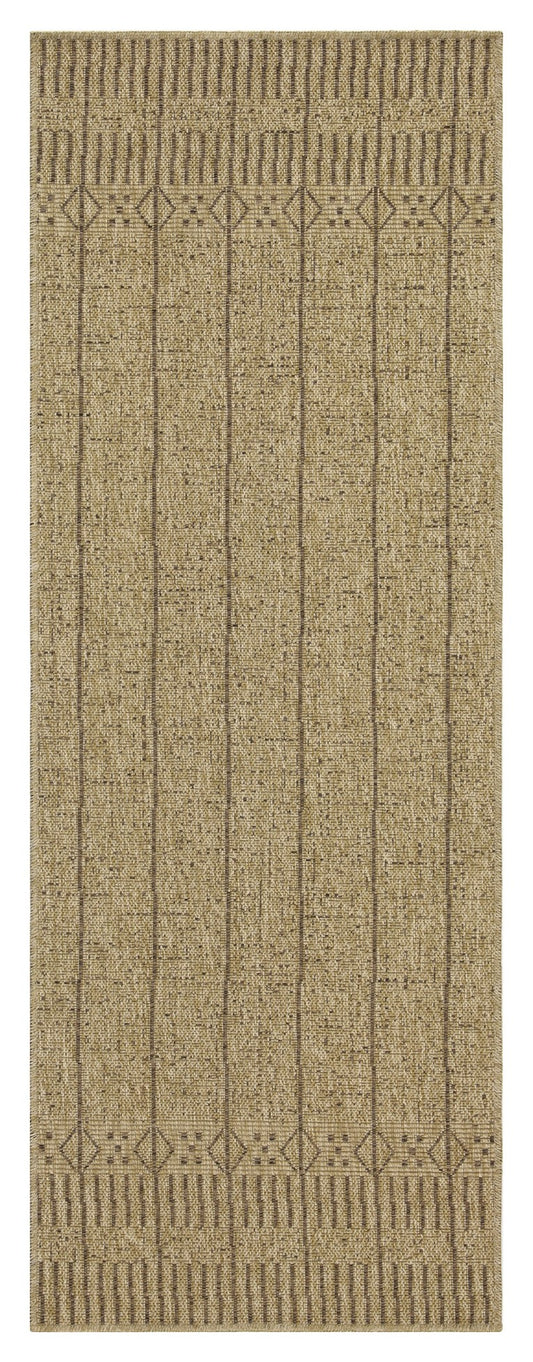 Beige jute rug with vertical brown stripes and diamond pattern