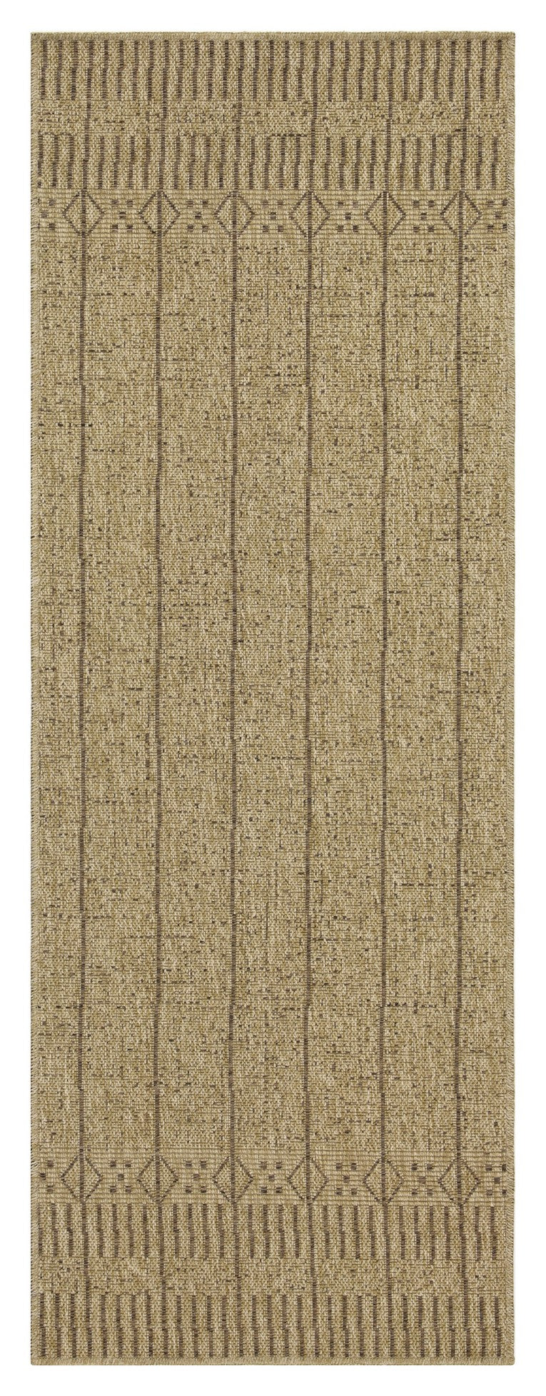 Tan jute rug with vertical stripe pattern and tribal diamond accents