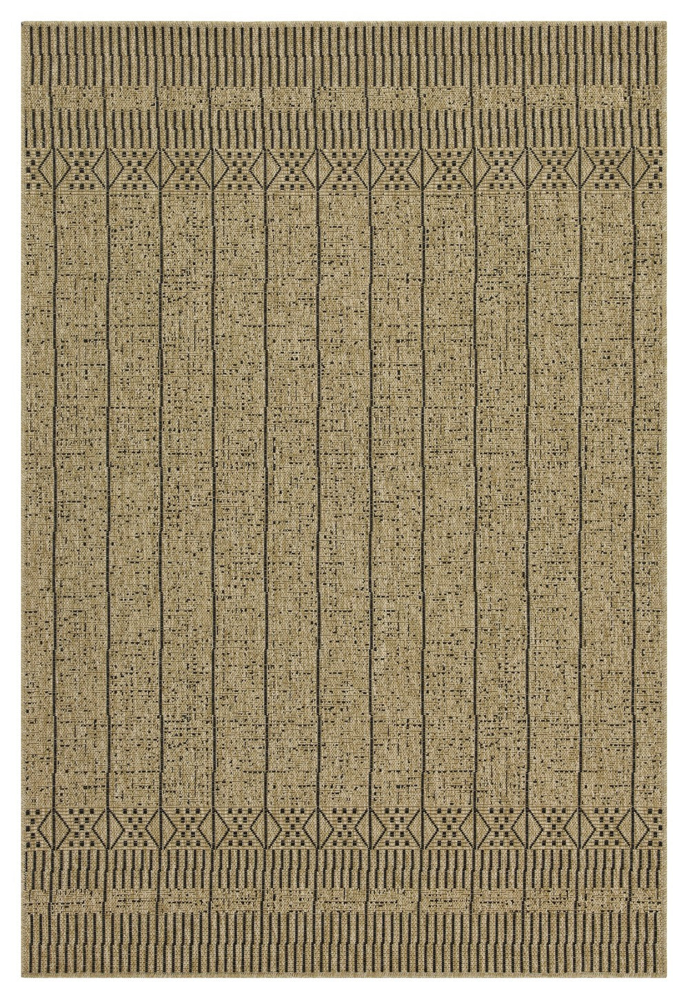 Tan and black striped geometric area rug with textured weave