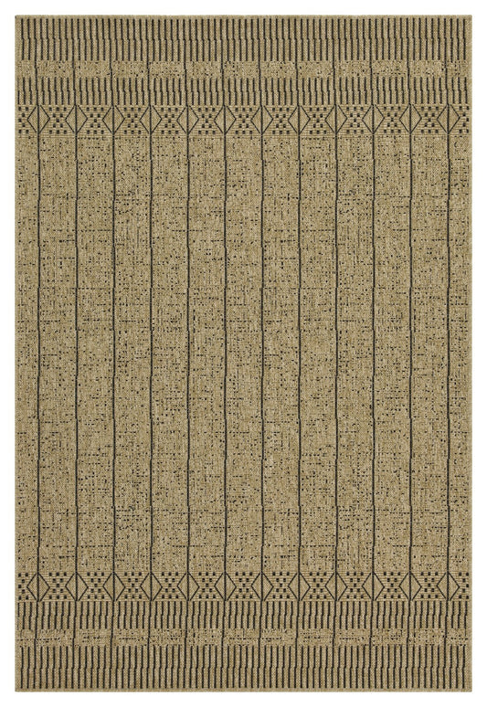 Tan and black striped geometric area rug with textured weave