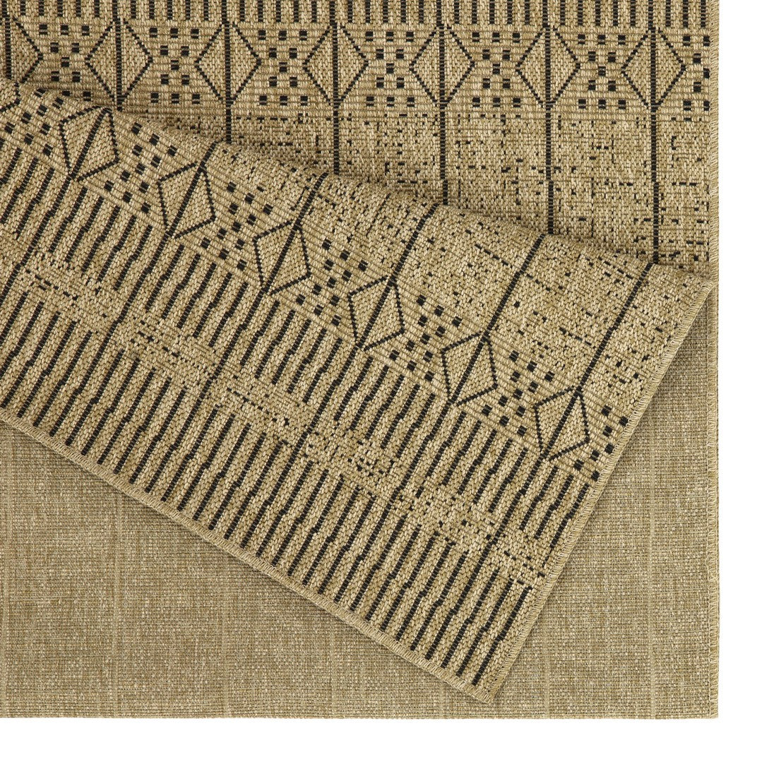 Woven beige area rug with a geometric diamond and stripe pattern in black