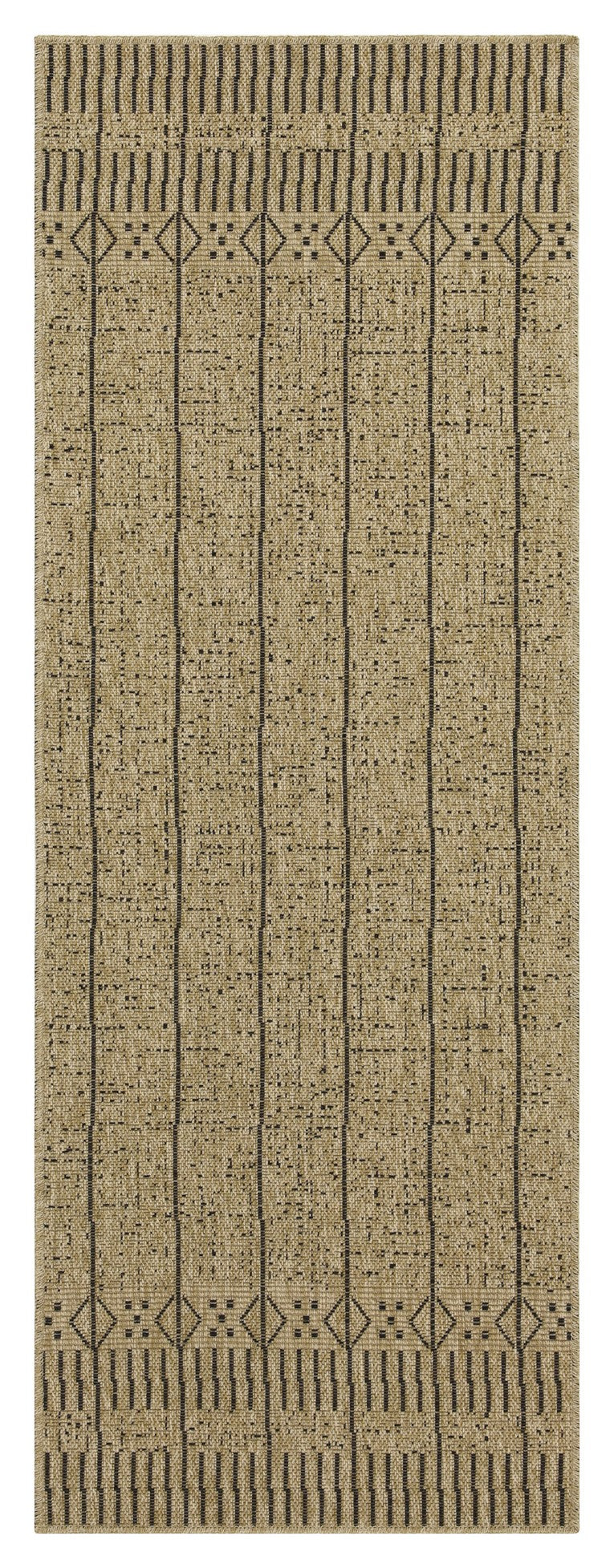 Woven tan and black geometric tribal pattern rug for living room decor