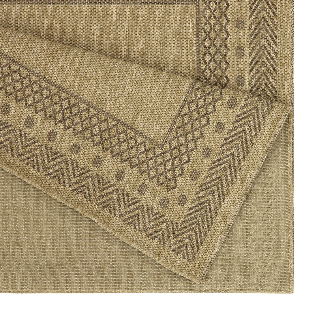 Beige linen fabric with a woven geometric border pattern for home decor
