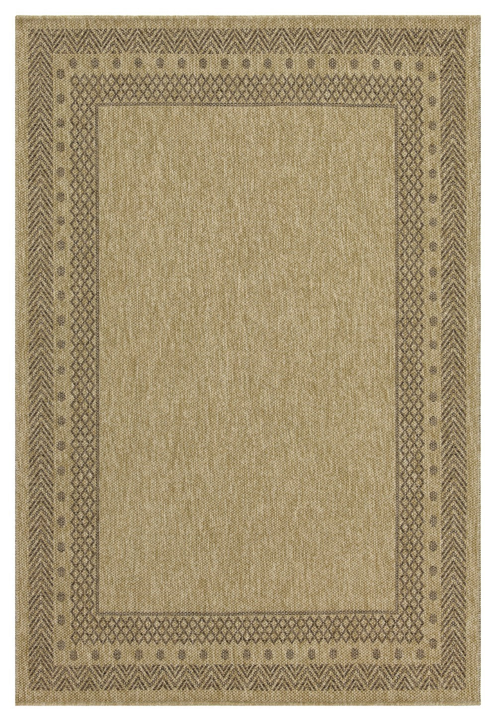 Tan area rug with intricate geometric border pattern