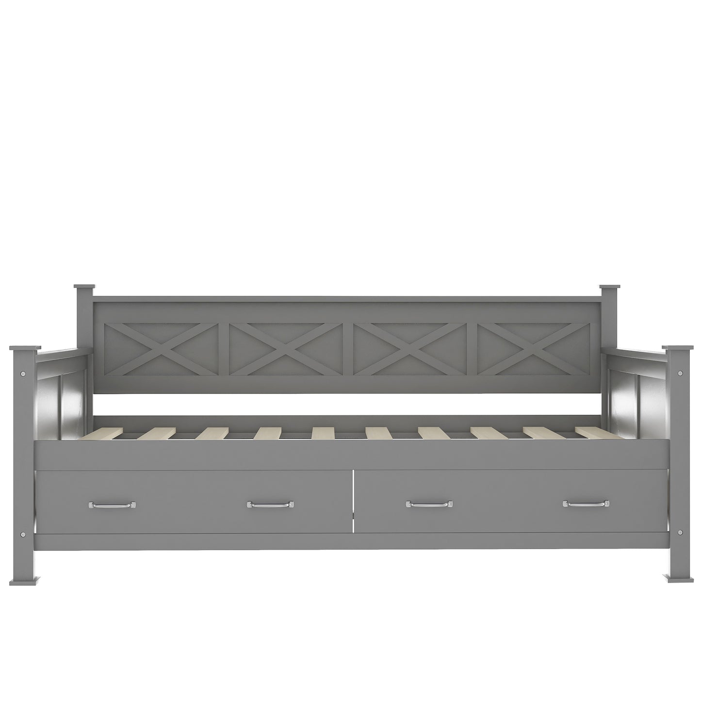 Gray wooden daybed with xcross backrest and four storage drawers