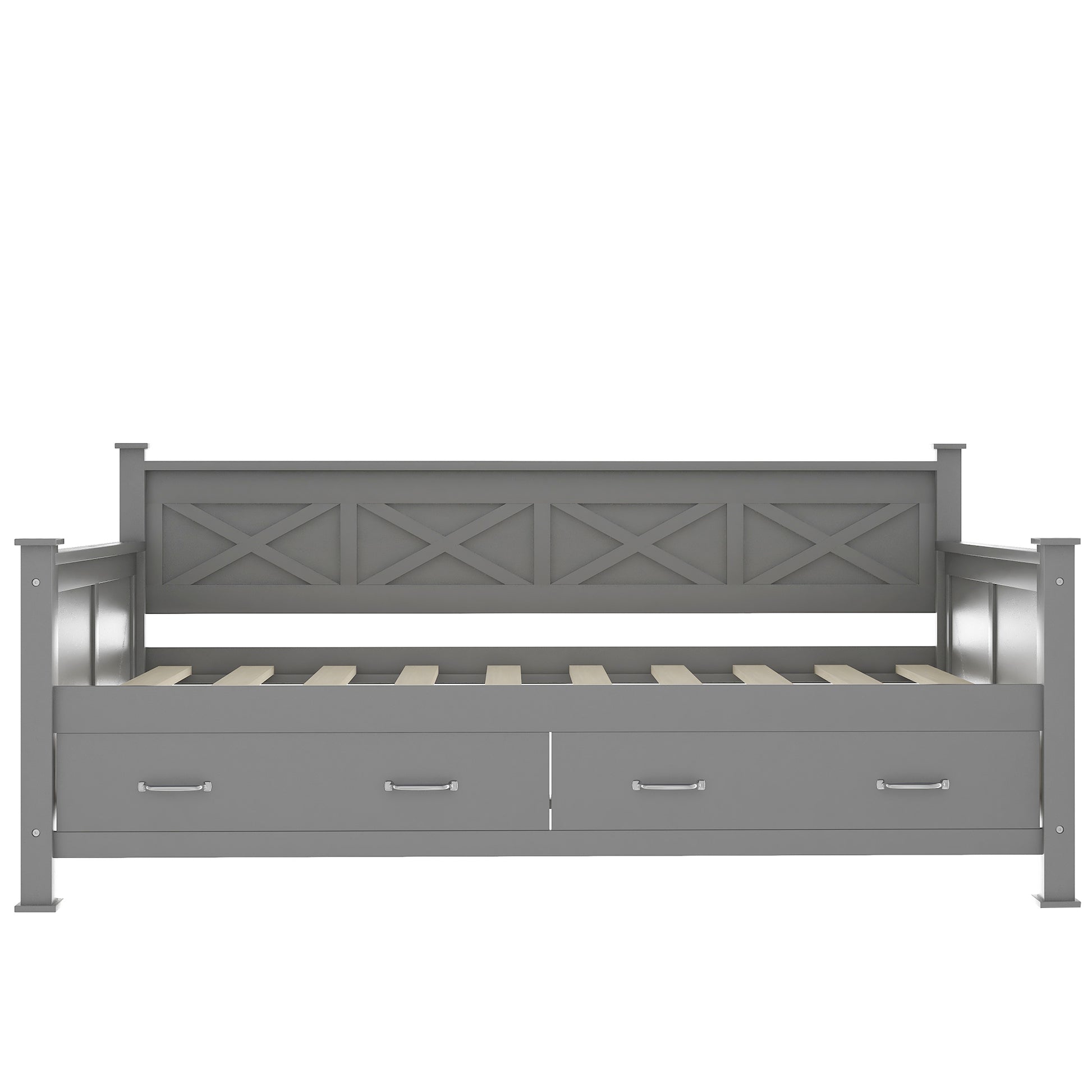Gray wooden daybed with xcross backrest and four storage drawers
