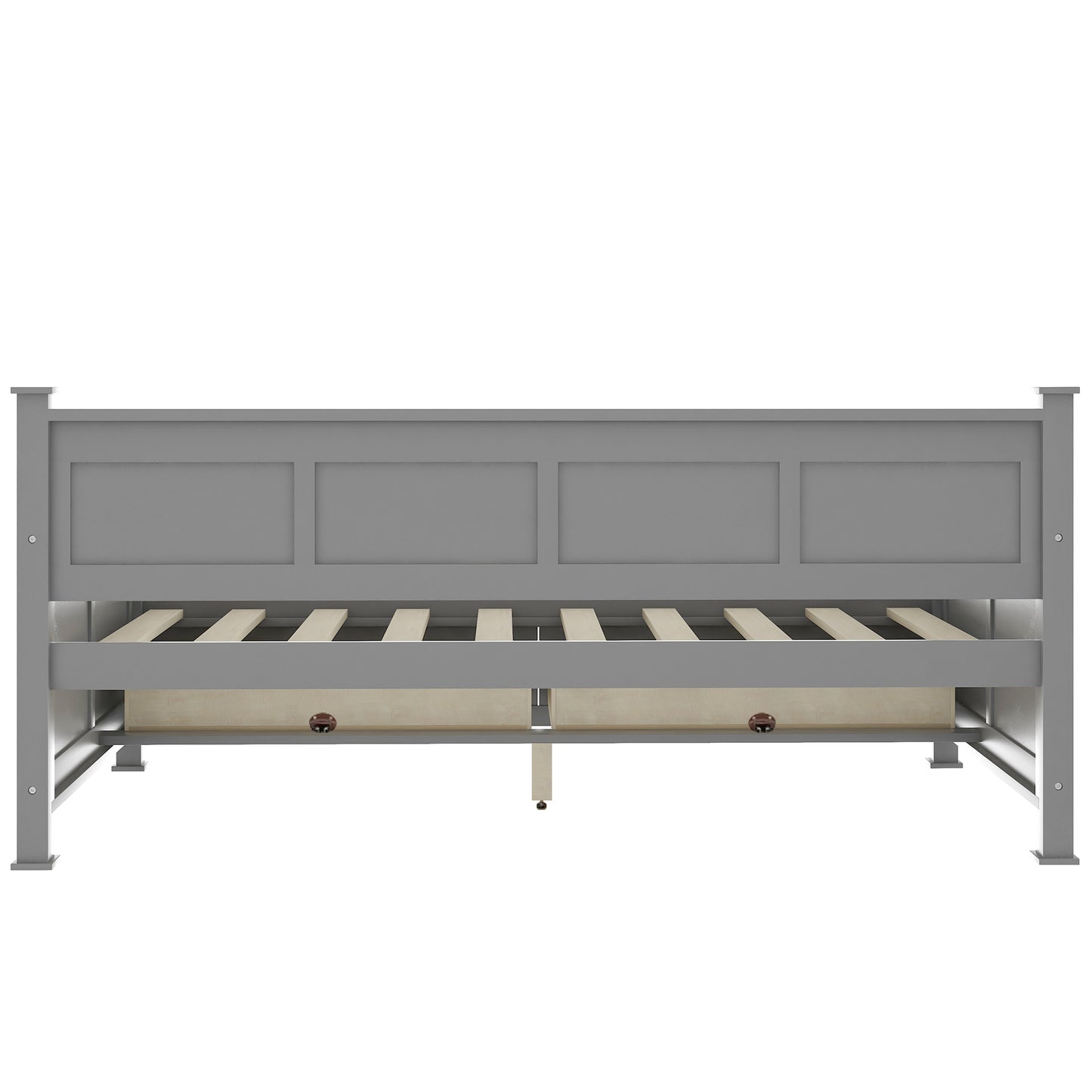 Gray wooden bed frame with two storage drawers and slat support