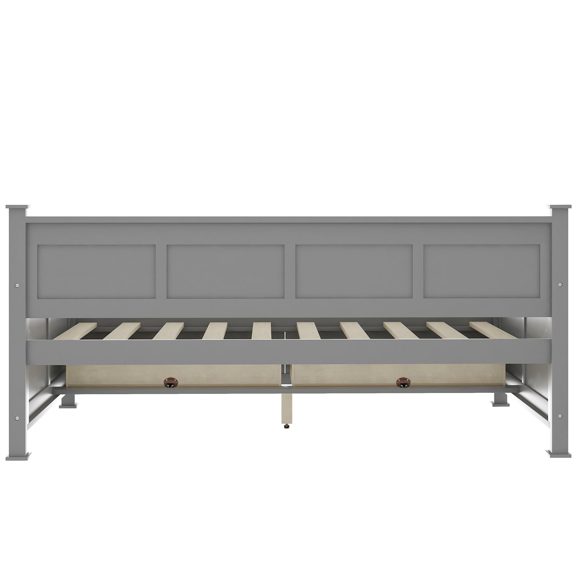 Gray wooden bed frame with two storage drawers and slat support