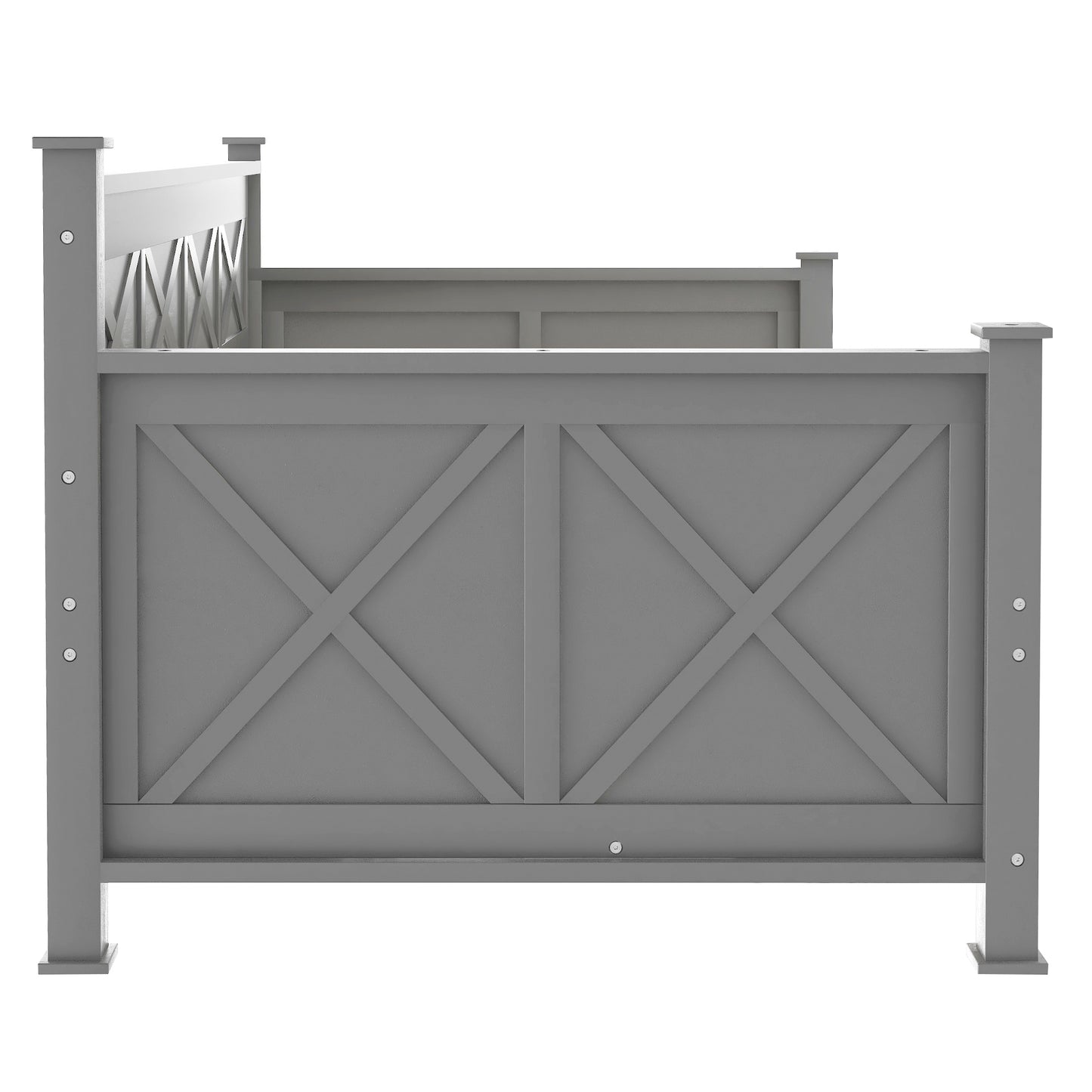 Gray wooden bed frame with Xdesign headboard detail