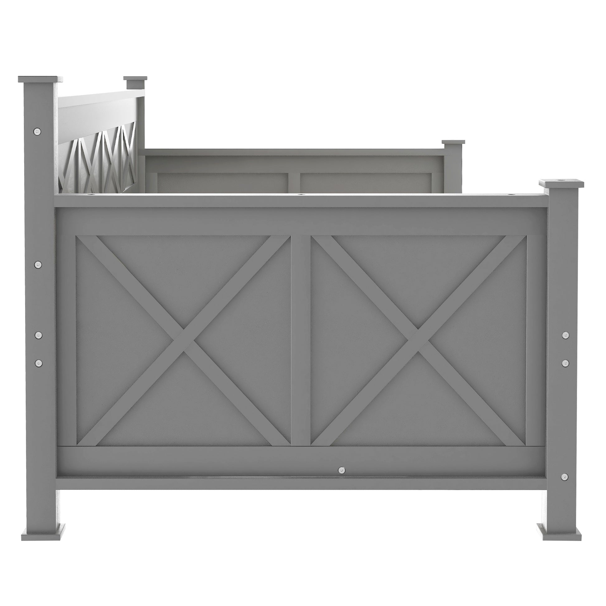 Gray wooden bed frame with Xdesign headboard detail