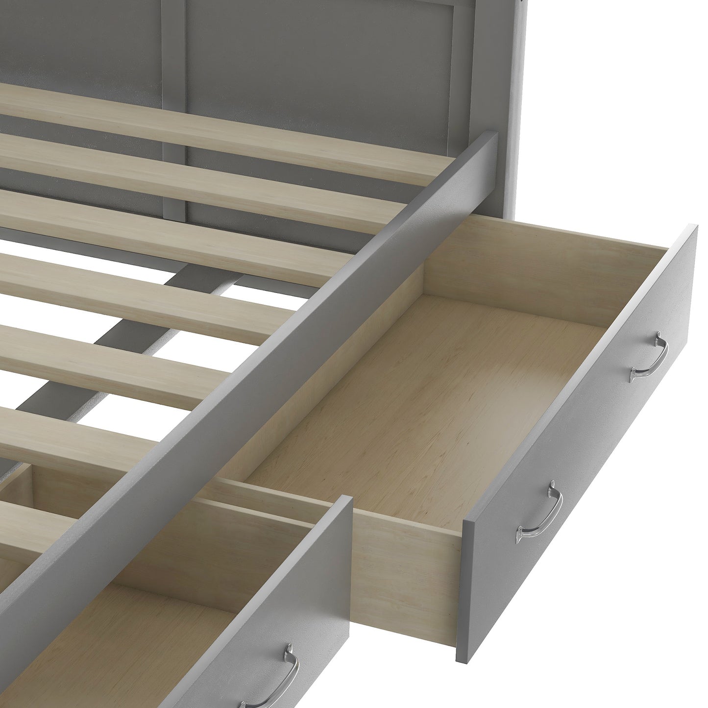 Gray wooden bed frame with two open drawers and slatted base