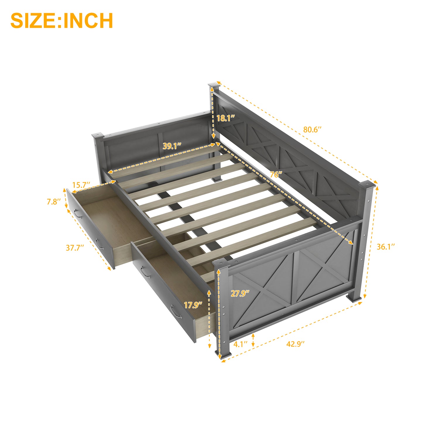Grey farmhouse storage bed frame with open drawers