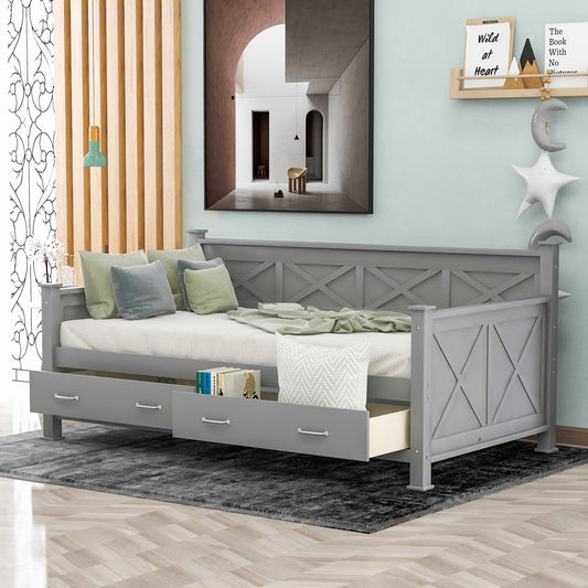 Grey wooden daybed with crisscross detailing and two storage drawers