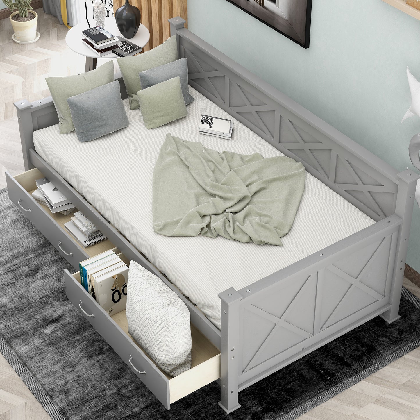 Gray daybed with storage drawers and crossback design
