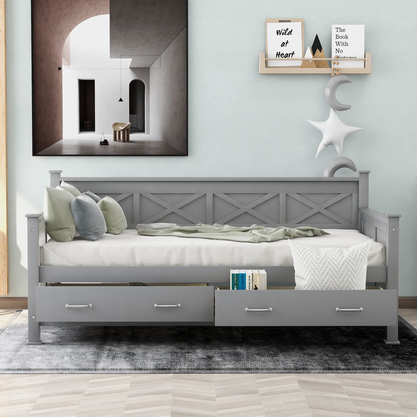 Gray wooden daybed with xdesign headboard and three storage drawers