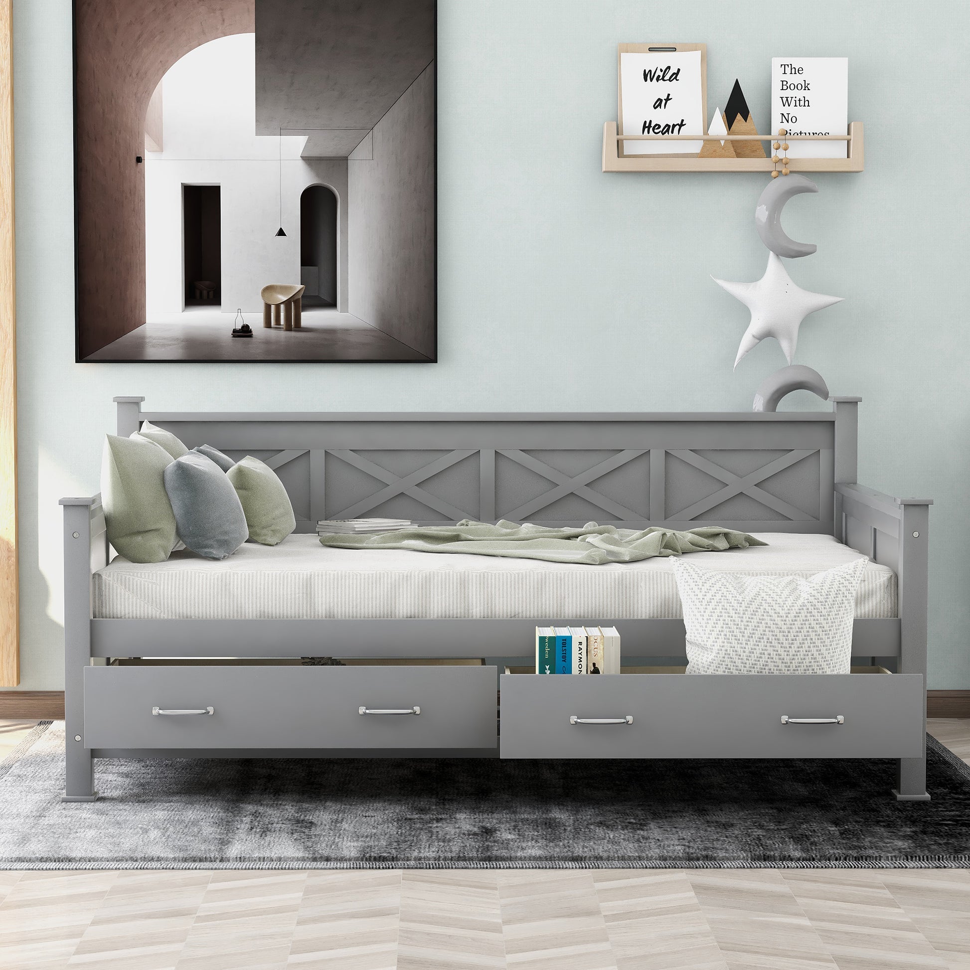 Gray wooden daybed with xdesign headboard and three storage drawers