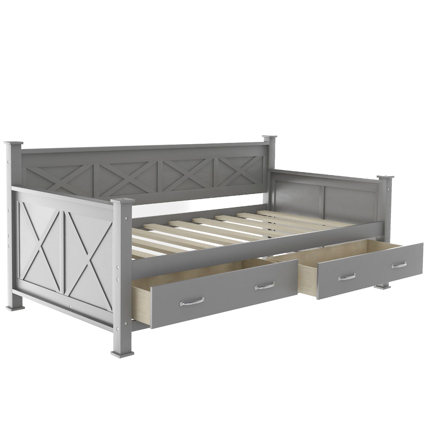 Gray farmhouse daybed with two storage drawers and Xshaped panel accents