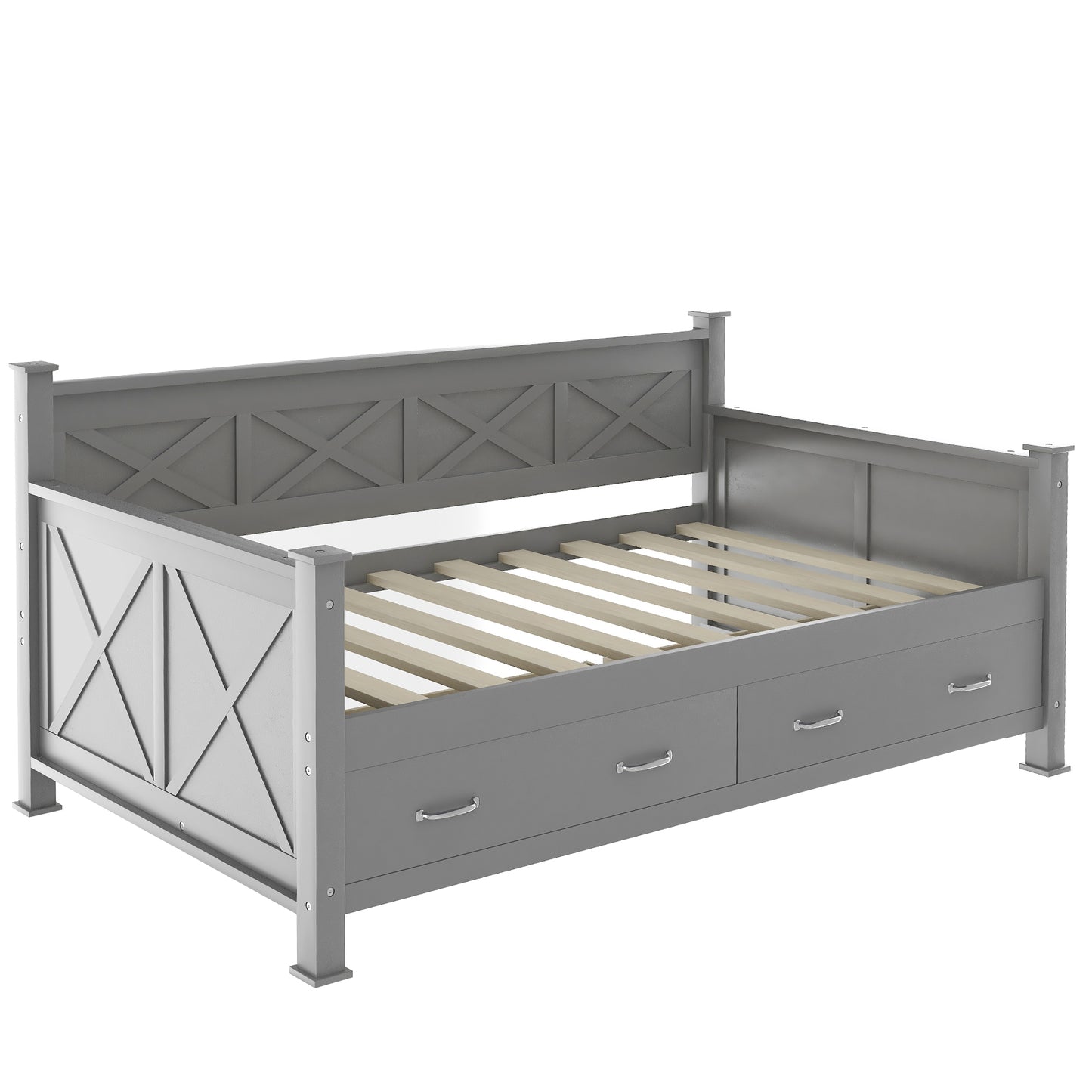 Gray daybed with xdesign headboard and two drawers