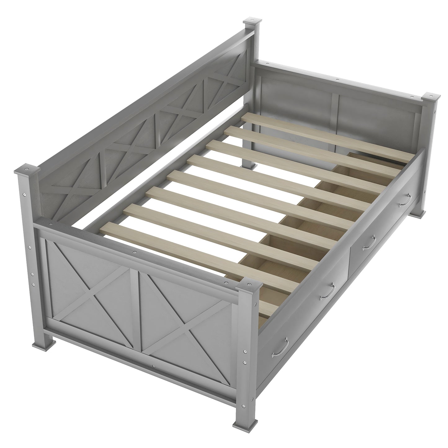 Gray wooden daybed with Xdesign headboard and storage drawers
