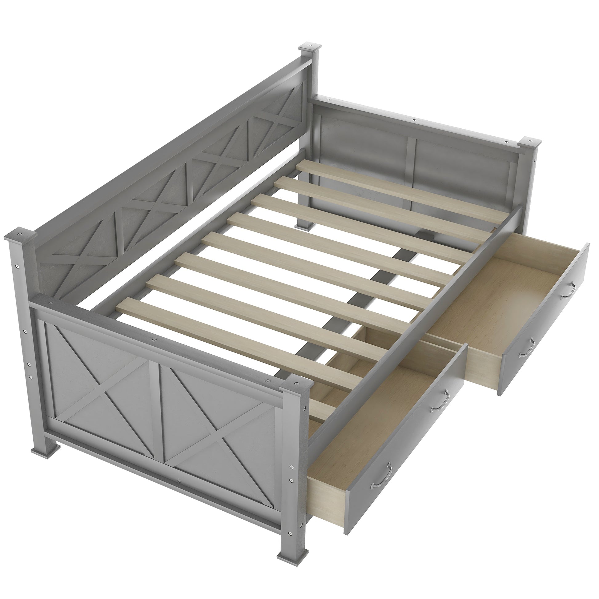 Gray wooden daybed with ornate headboard and two underbed storage drawers