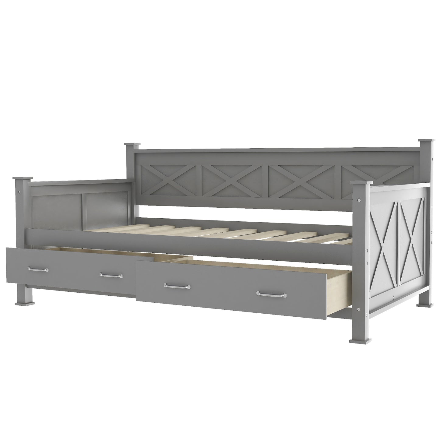 Gray farmhouse daybed with xframe design and two storage drawers