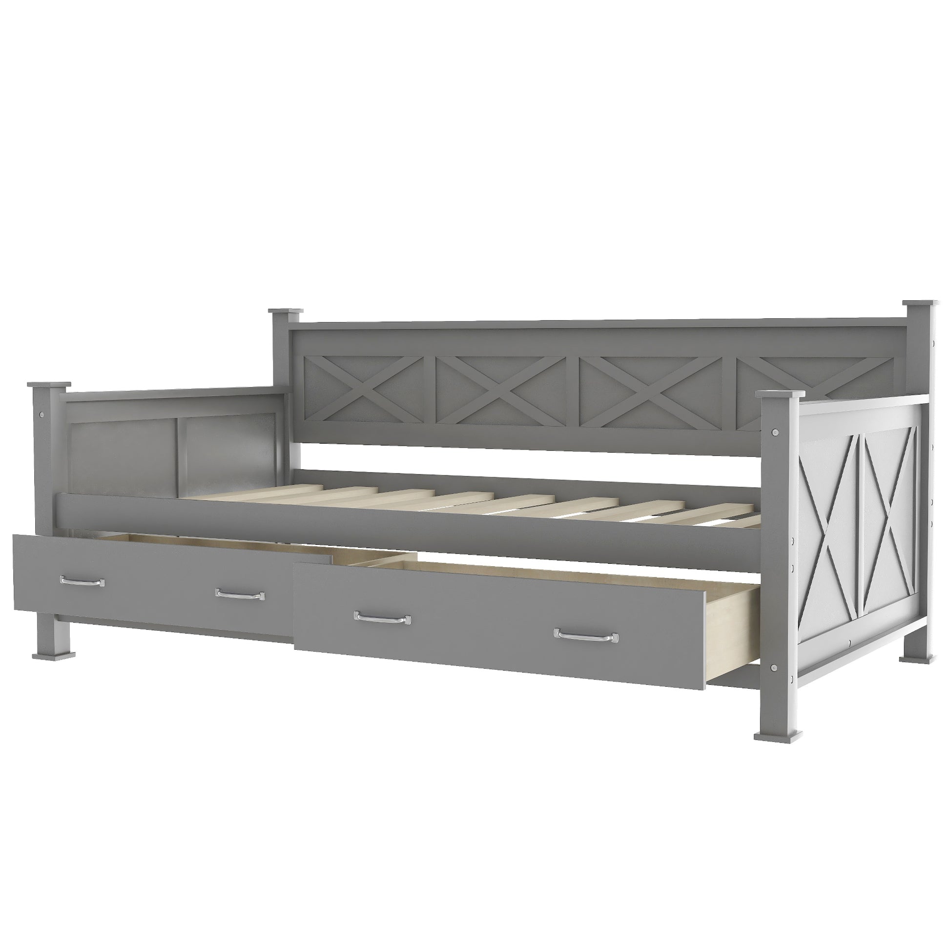 Gray farmhouse daybed with xframe design and two storage drawers