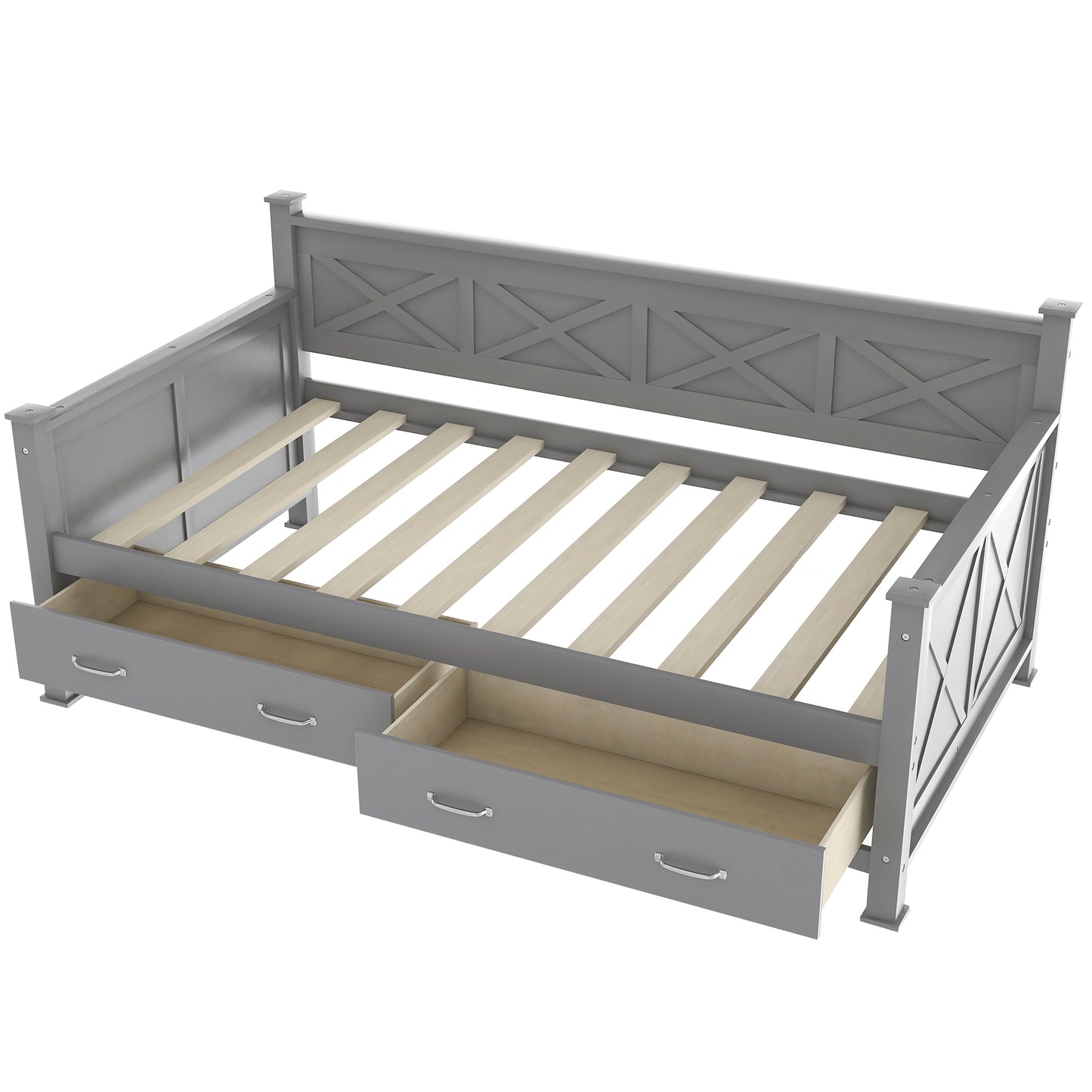 Gray wooden daybed with three drawers and xdesign headboard