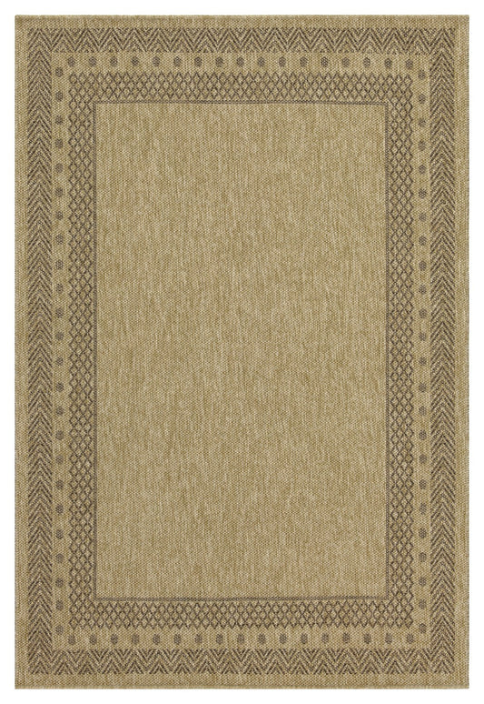 Khaki rectangular outdoor rug with geometric border detail x size