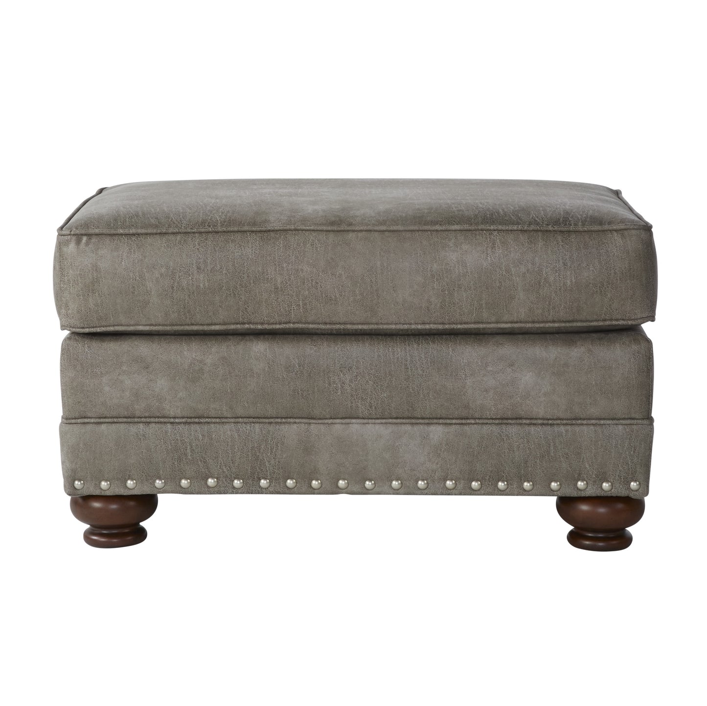 Grey faux leather ottoman with silver nailhead trim and wooden legs