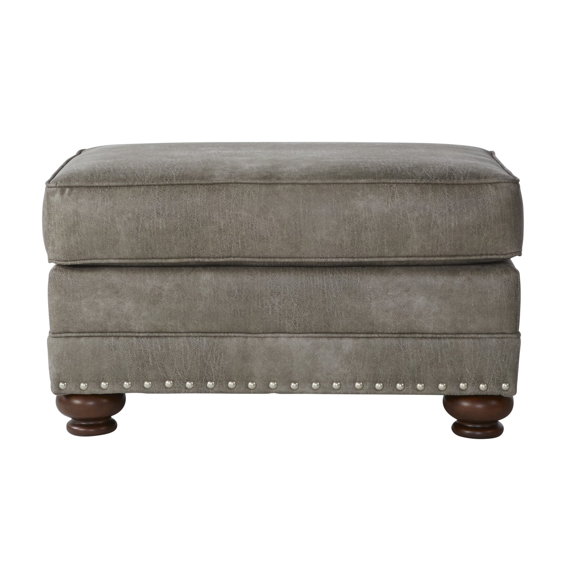 Grey faux leather ottoman with silver nailhead trim and wooden legs