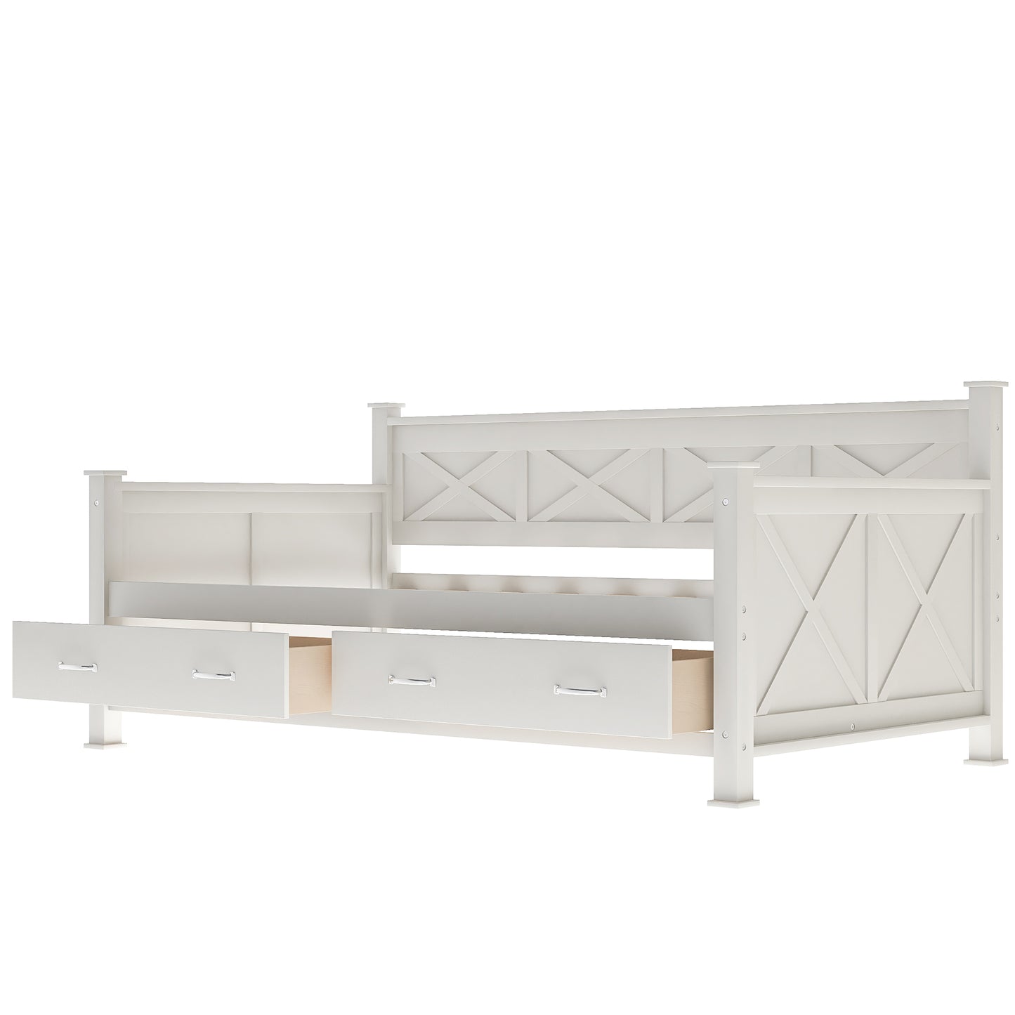 White farmhouse daybed with open drawers and Xdesign headboard