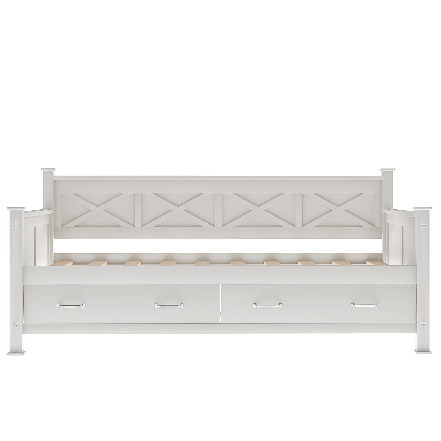 White wooden daybed with Xpanel headboard and two storage drawers