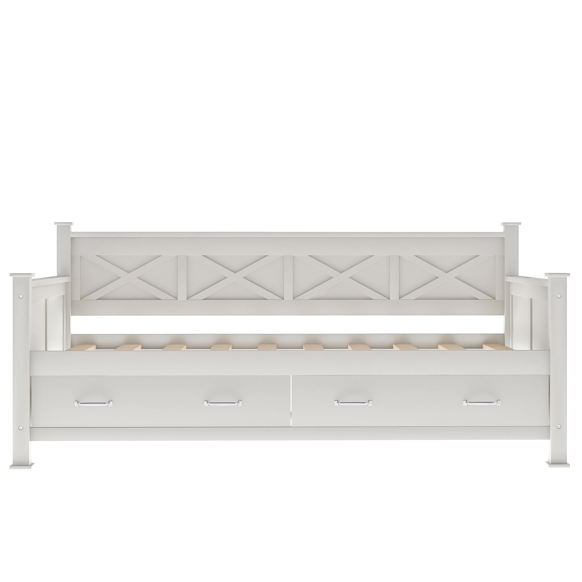 White wooden daybed with Xpanel headboard and two storage drawers