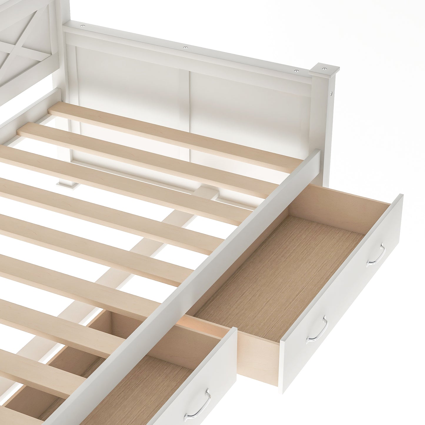 White wooden bed frame with two underbed storage drawers and slatted support