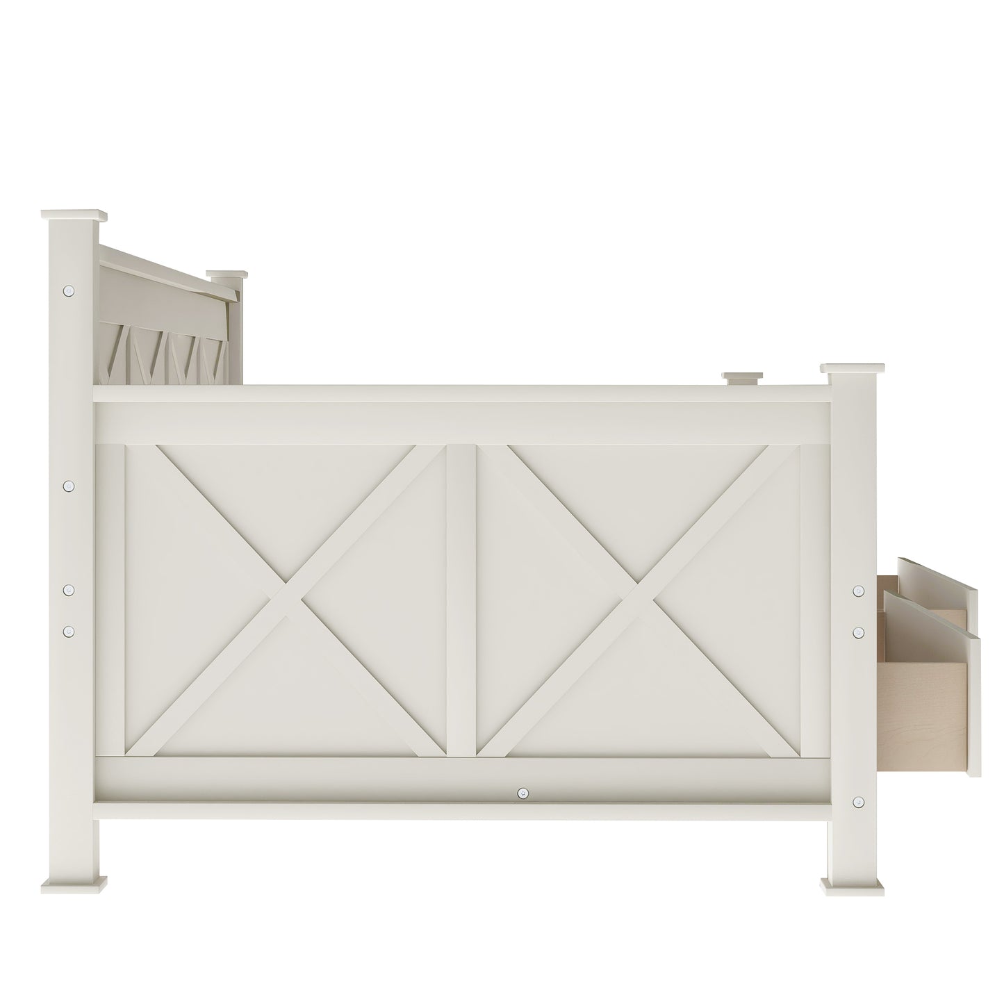 White farmhousestyle bed frame with Xdesign panel and visible storage drawer