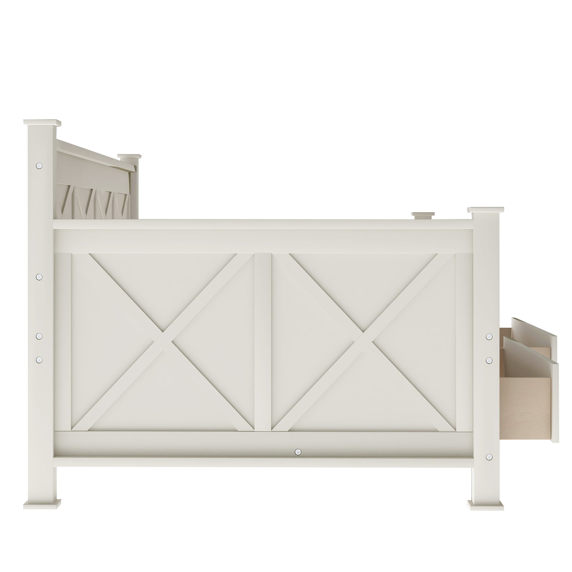 White farmhousestyle bed frame with Xdesign panel and visible storage drawer