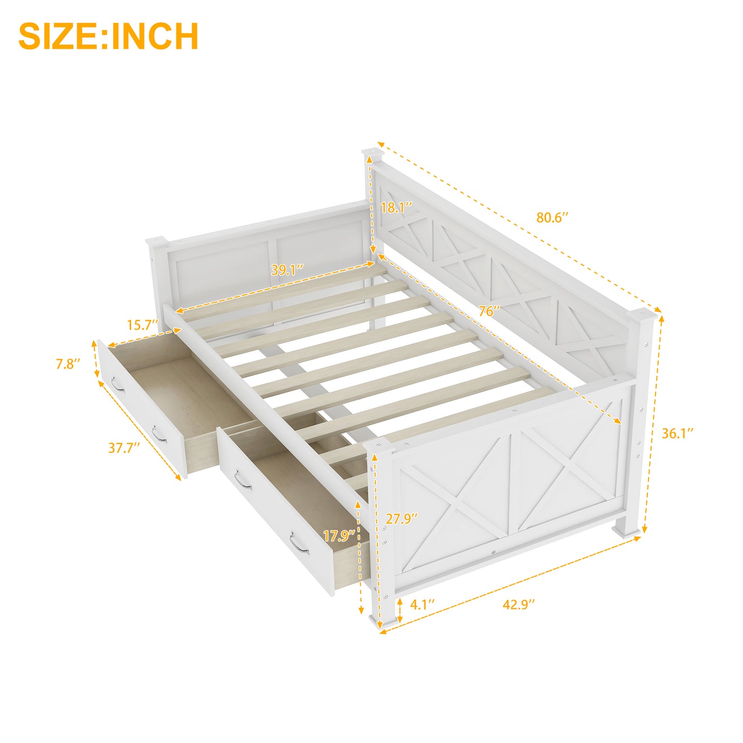 White wooden daybed with two storage drawers and detailed measurements displayed