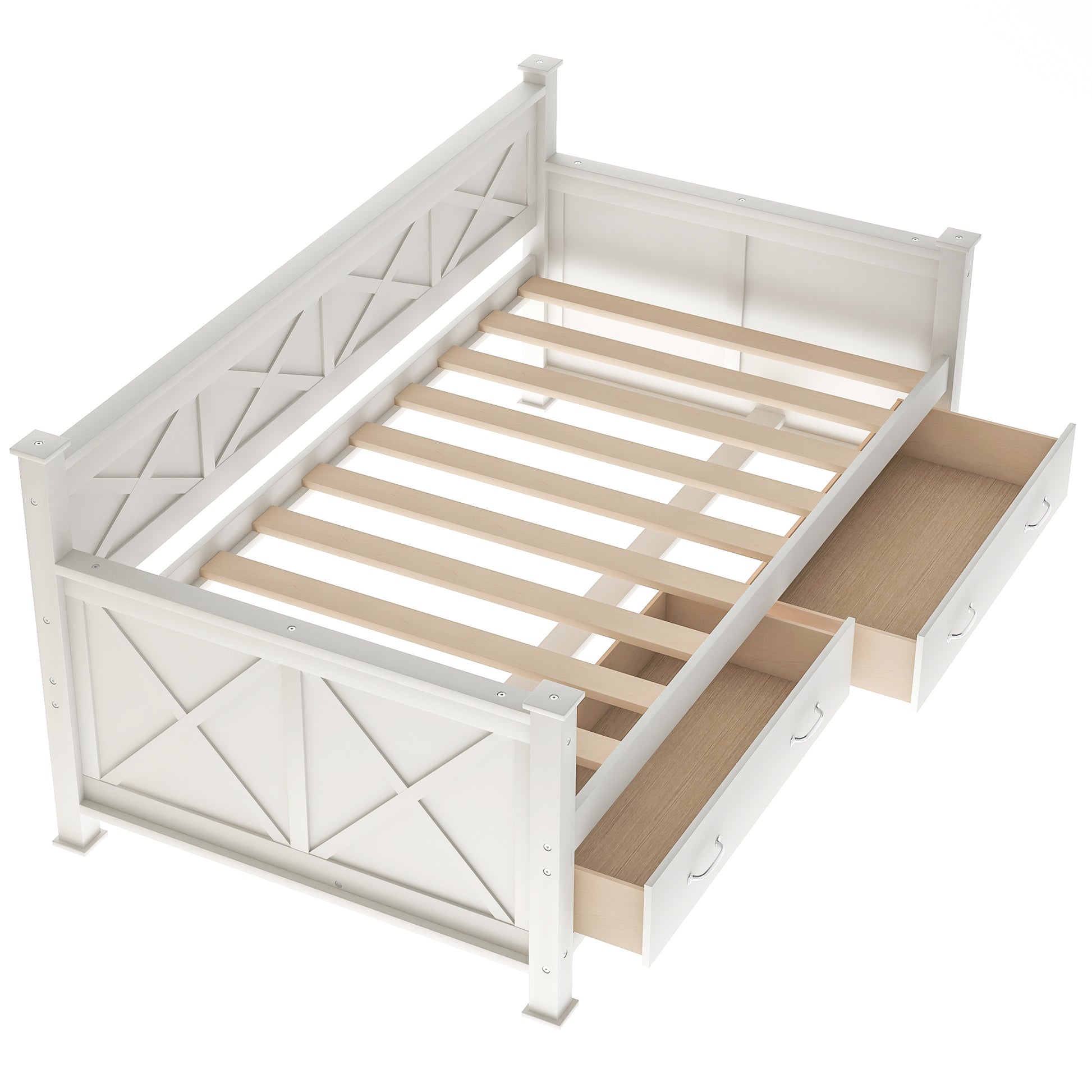 White wooden daybed with two drawers