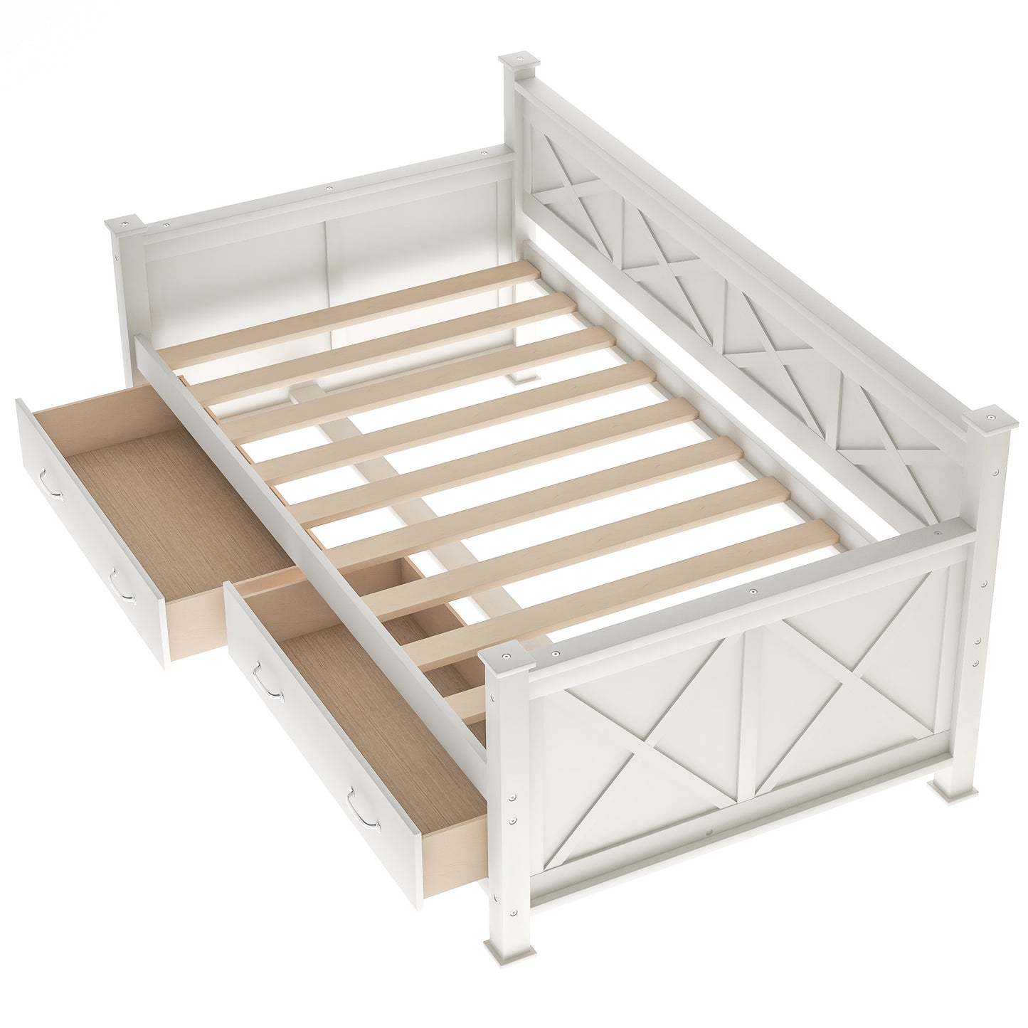 White wooden daybed frame with two pullout storage drawers and xshaped headboard design