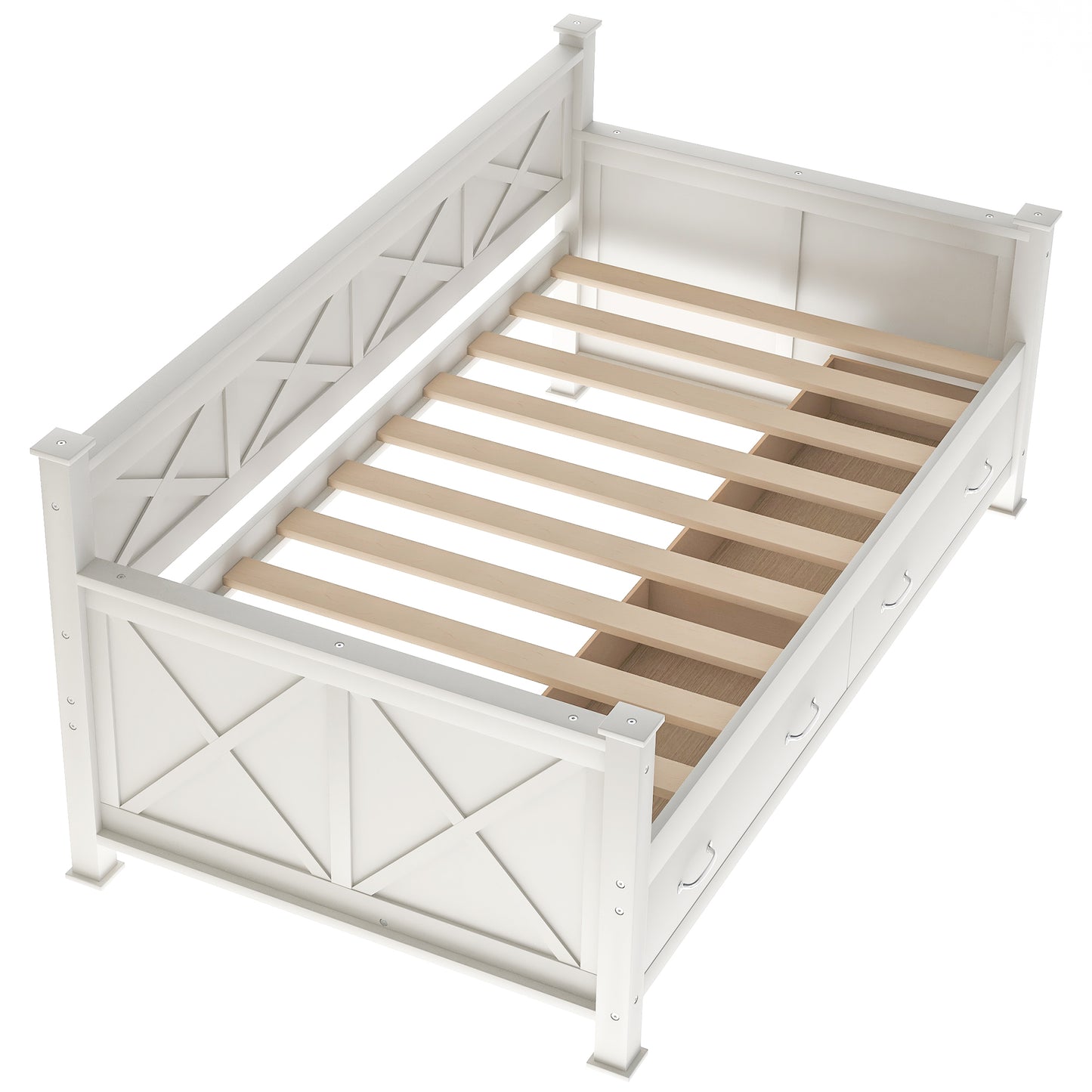 White wooden twin bed frame with Xdesign headboard and footboard and storage drawers