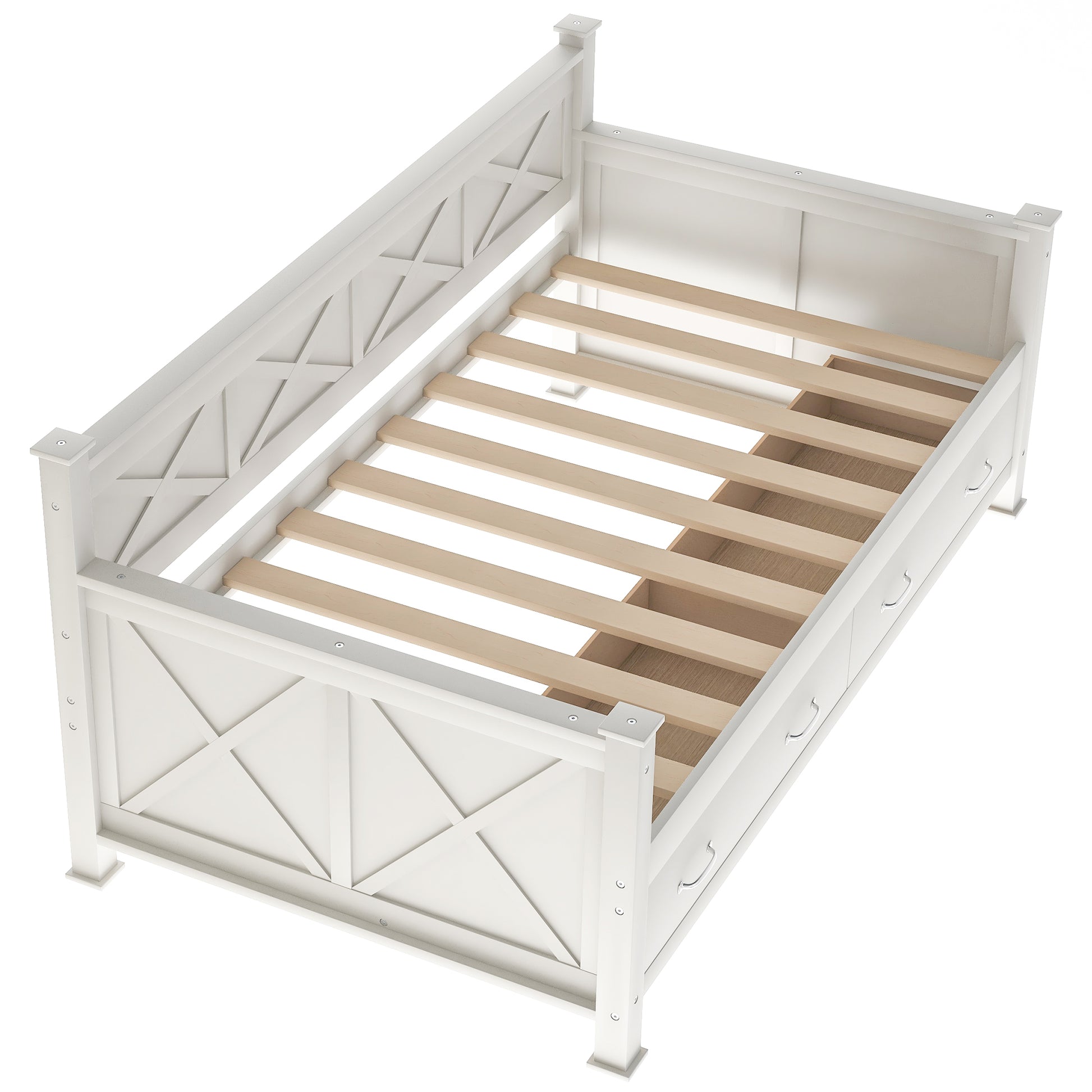 White wooden twin bed frame with Xdesign headboard and footboard and storage drawers