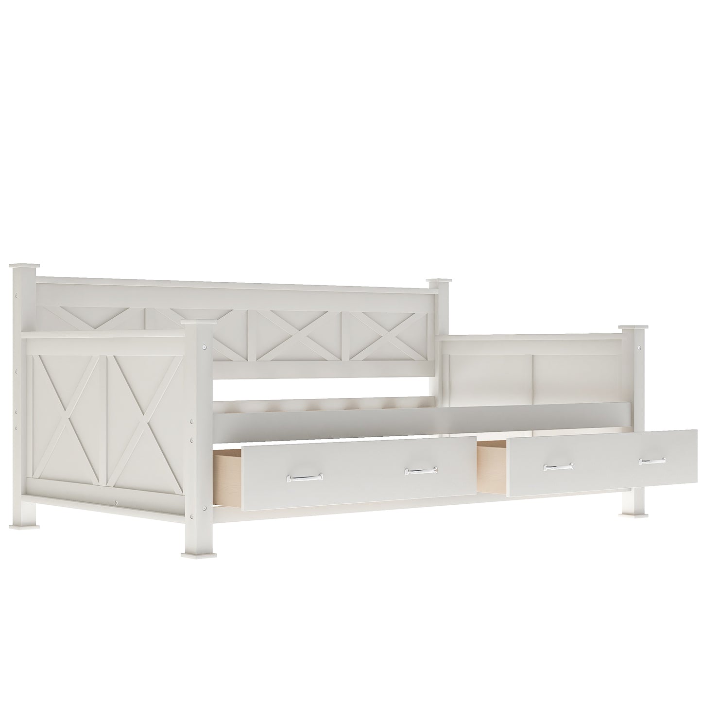White wooden daybed with xdesign headboard and  builtin drawers