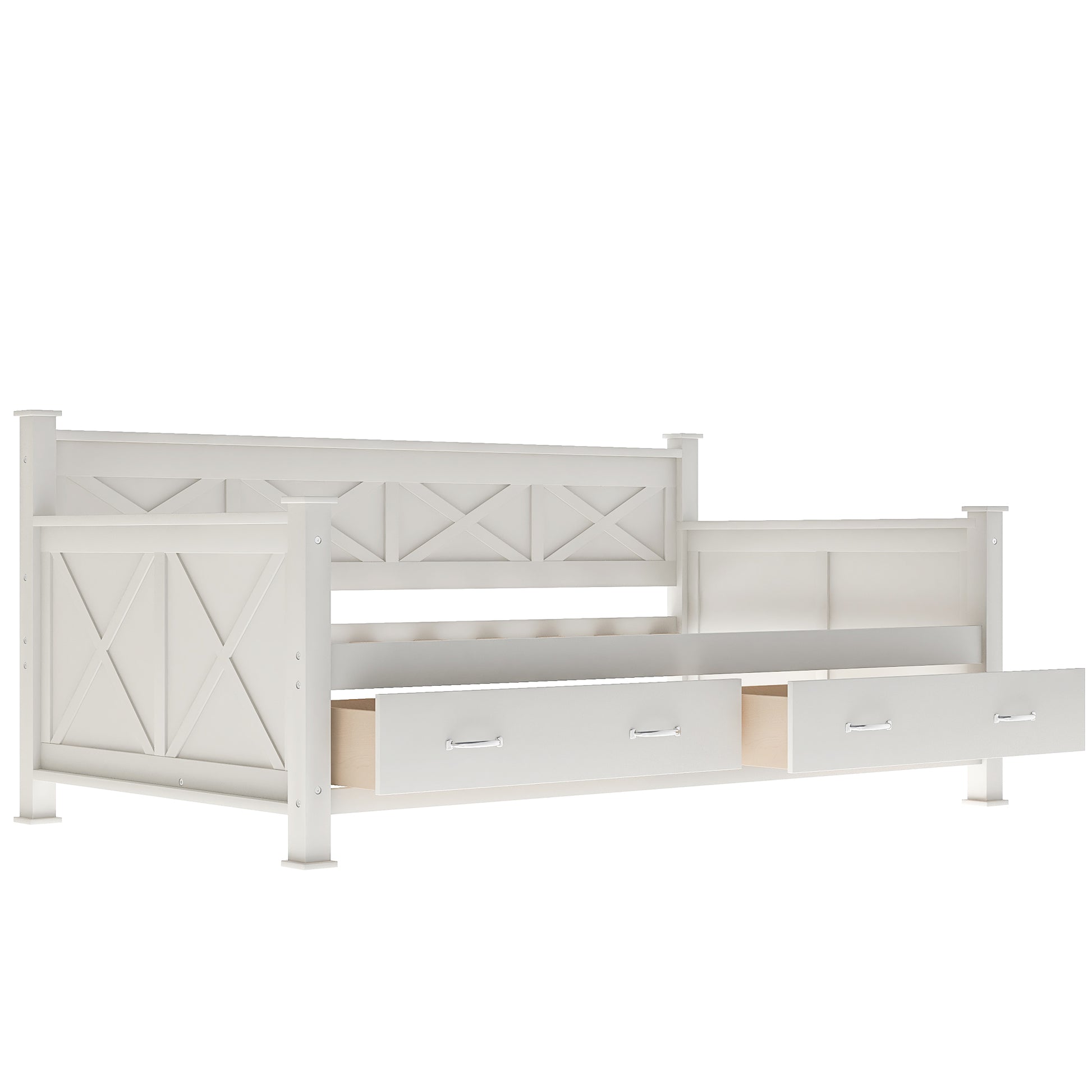 White wooden daybed with xdesign headboard and  builtin drawers